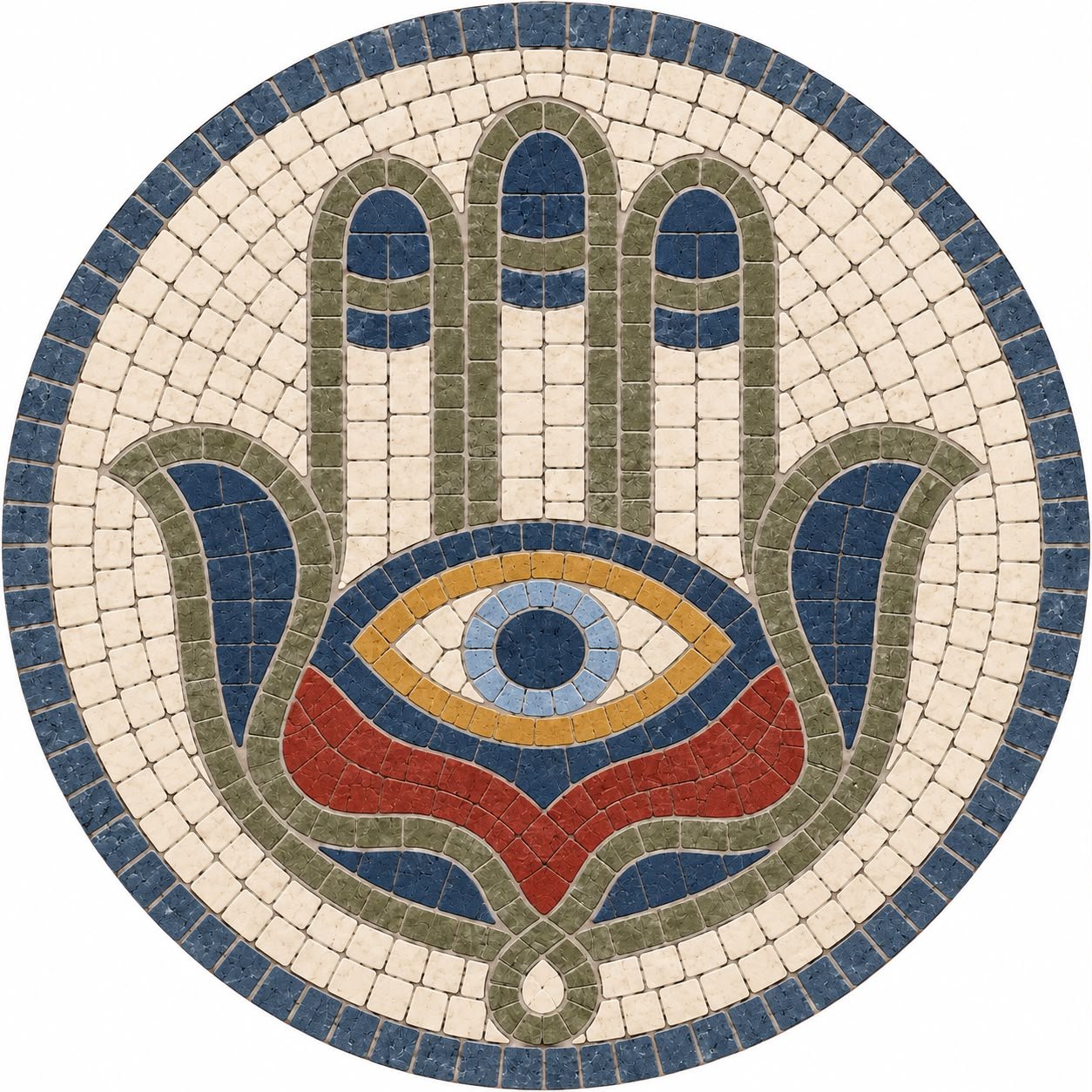 Hamsa mozaik tablo, mavi, yeşil ve kırmızı taşlarla göz motifli Hamsa sembolü, el yapımı doğal taş