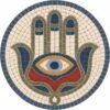 Hamsa mozaik yapım kiti, mavi, yeşil ve kırmızı taşlarla göz motifli Hamsa sembolü, doğal taş mozaik