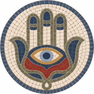 Hamsa mozaik yapım kiti, mavi, yeşil ve kırmızı taşlarla göz motifli Hamsa sembolü, doğal taş mozaik