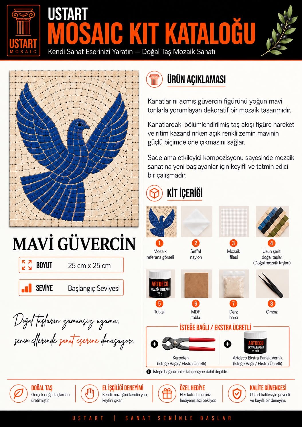 Mavi Güvercin Mozaik Kiti kutu içeriği katalog görseli