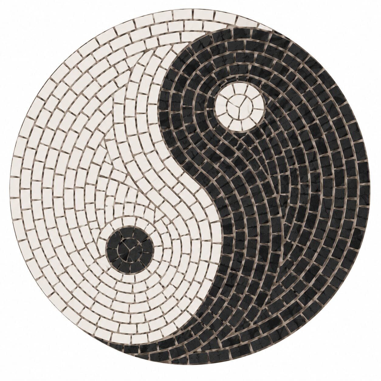 Yin Yang mozaik tablo, siyah ve beyaz taşlarla dairesel Yin Yang sembolü, el yapımı doğal taş