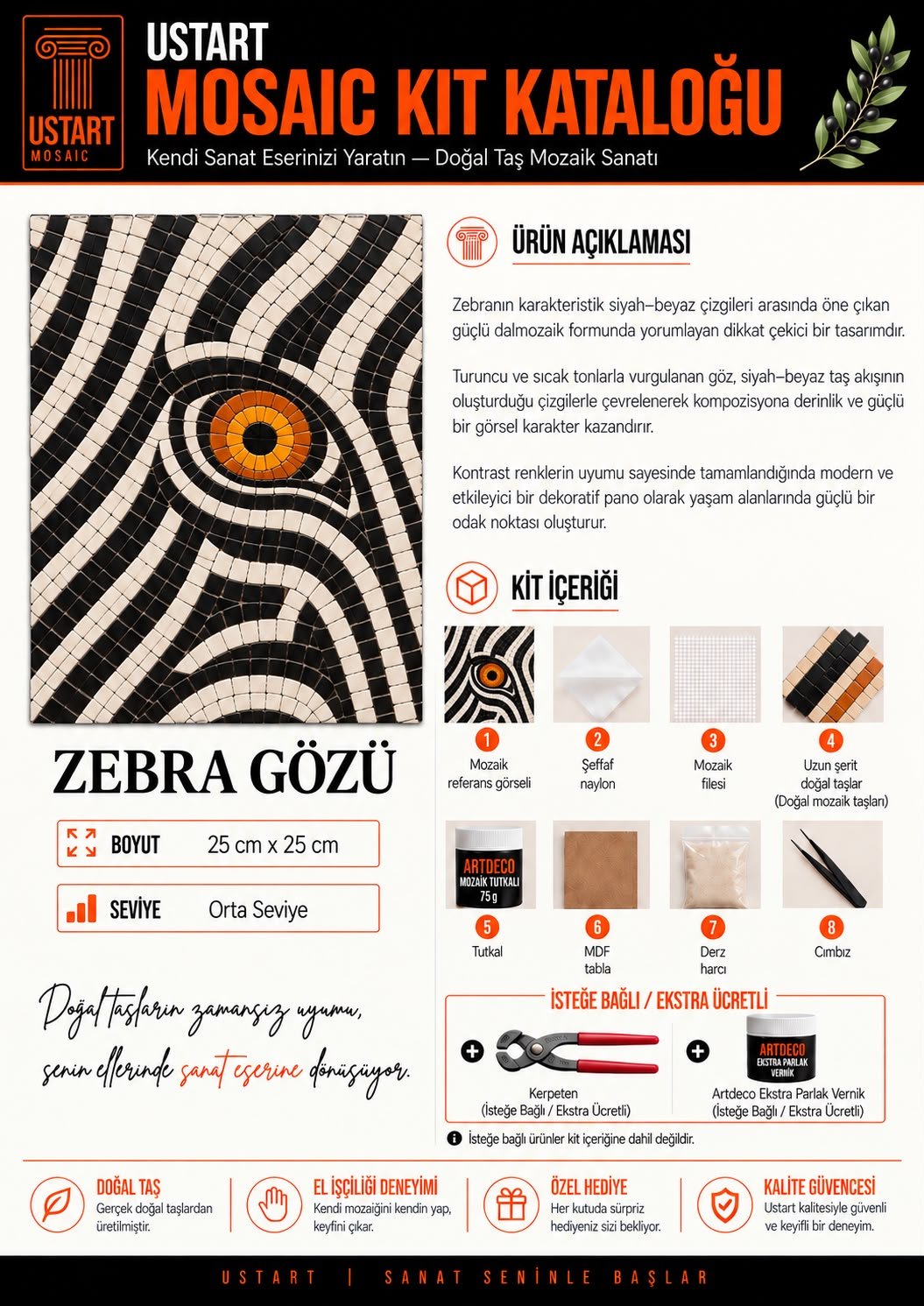 Zebra Gözü Mozaik Kiti kutu içeriği katalog görseli